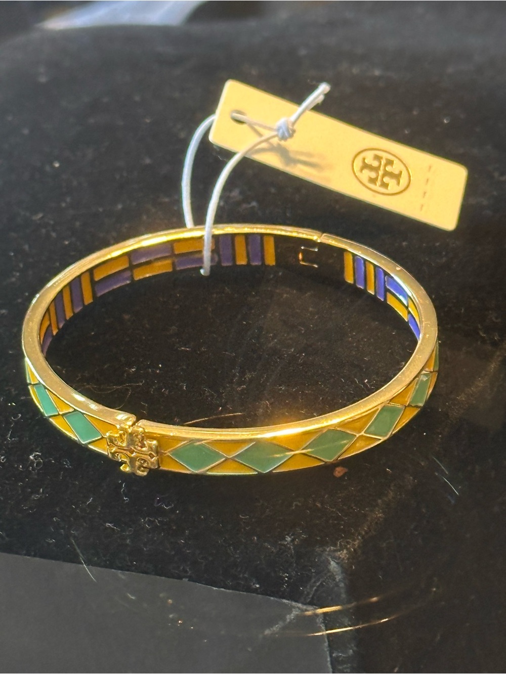 Tory Burch Gold-Tone Bangle with Green and Blue Enamel Diamond Pattern